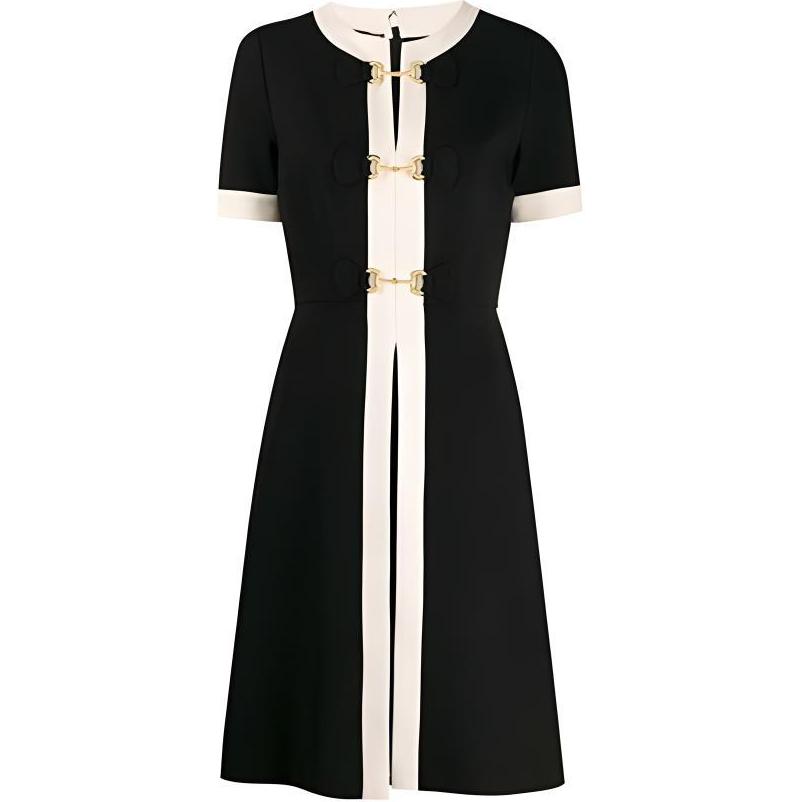 (Women) Gucci Horsebit Belted Colorblock Midi Short Sleeve Dress Women Black 604893-XJBYN-1032