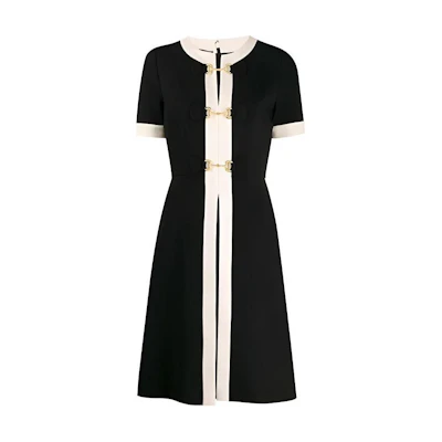 (Women) Gucci Horsebit Belted Colorblock Midi Short Sleeve Dress Women Black 604893-XJBYN-1032