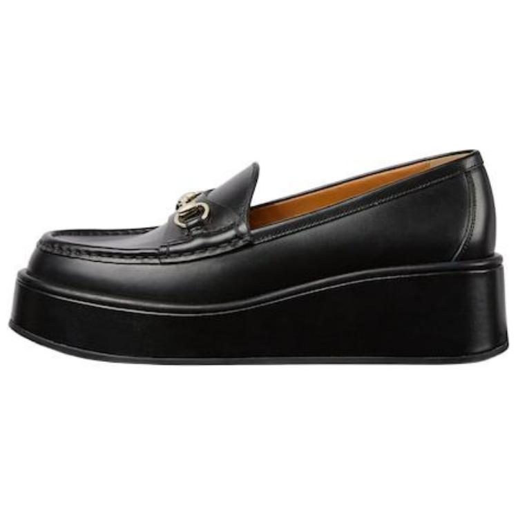 (Women) GUCCI Horsebit Leather Round-Toe Slip-On Loafers 6cm Black 794317 AADO0 1000