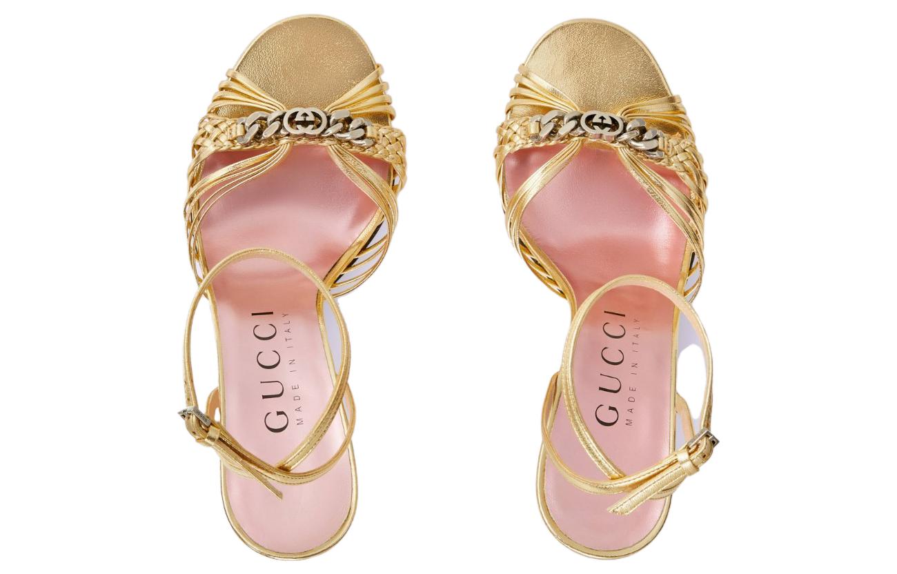 Shop (W) Gucci Selipar Tumit Rendah Logo Emas Bertautan 723417-B8B00-8053