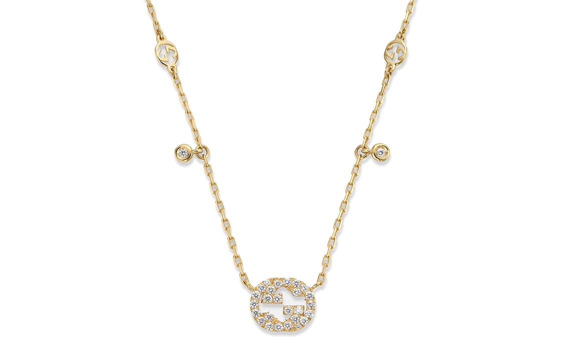(Women) GUCCI Interlocking Diamond Pendant Necklace 18K Gold for Women - Gold. 729402-J8540-8000