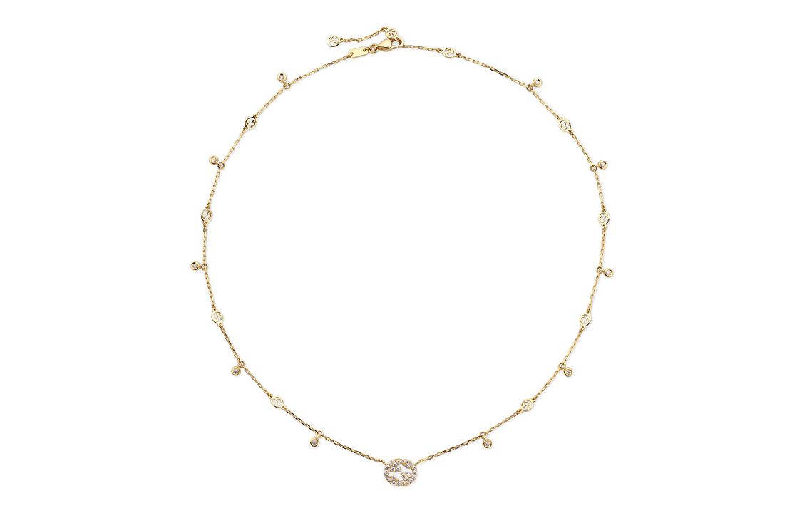 Lookbook (W) GUCCI 18K金 女士雙G鑲鑽吊墜項鍊 - 金色。 729402-J8540-8000