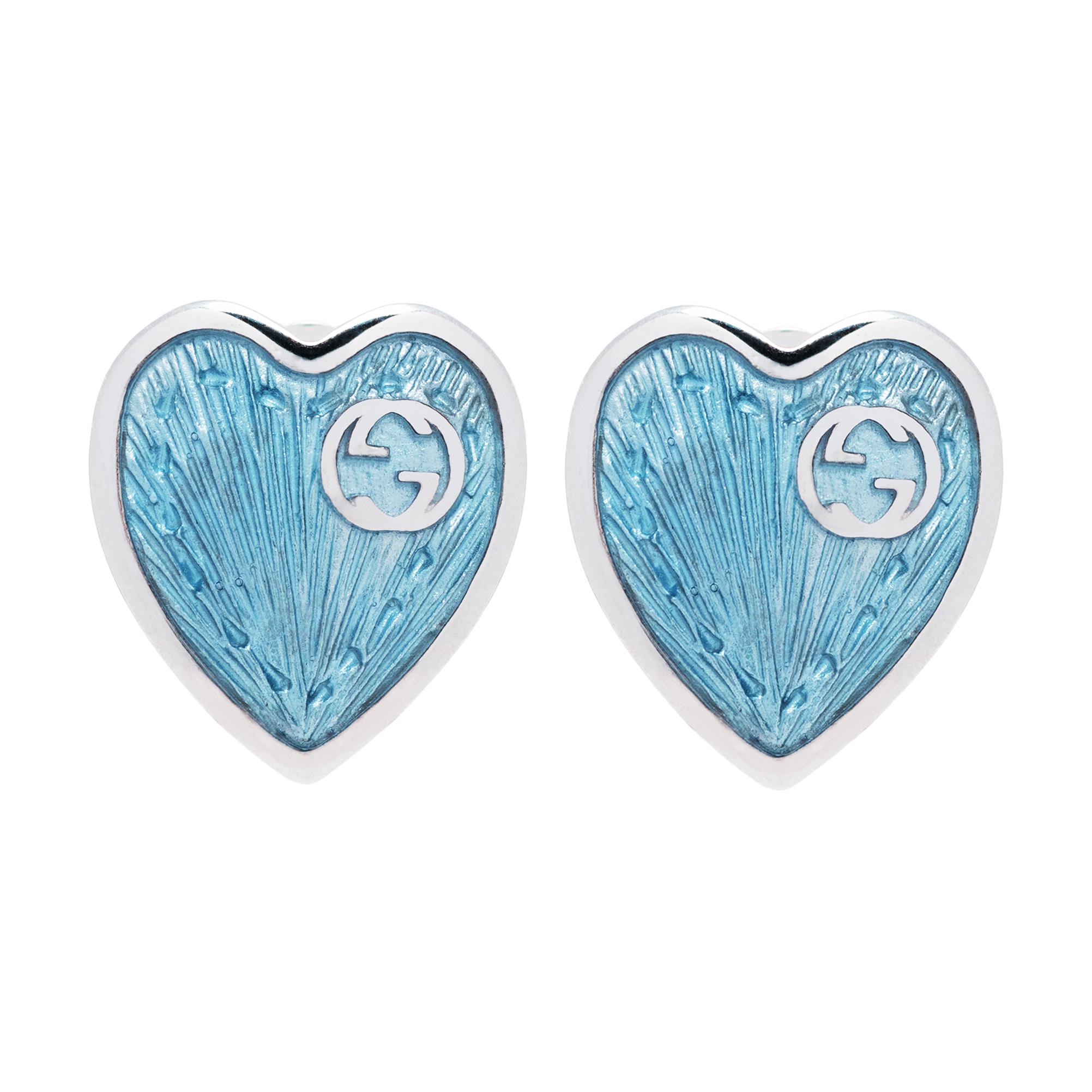 (Women) GUCCI Interlocking Double G Heart 925 Silver Earrings Blue 645547-J8410-8183