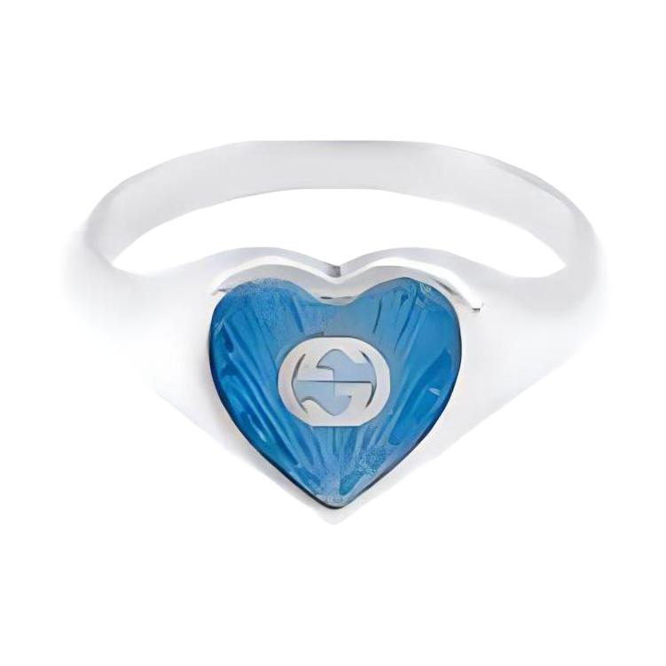 (Women) GUCCI Interlocking G Enamel Heart 925 Silver Ring for Women - Blue. 645544-J8410-8183