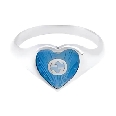 (Women) GUCCI Interlocking G Enamel Heart 925 Silver Ring for Women - Blue. 645544-J8410-8183