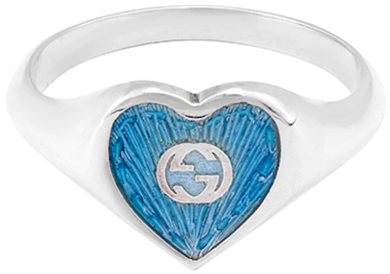(Women) GUCCI Interlocking G Enamel Heart 925 Silver Ring for Women - Blue. 645544-J8410-8183 Order (Women) GUCCI Interlocking G Enamel Heart 925 Silver Ring for Women - Blue. 645544-J8410-8183