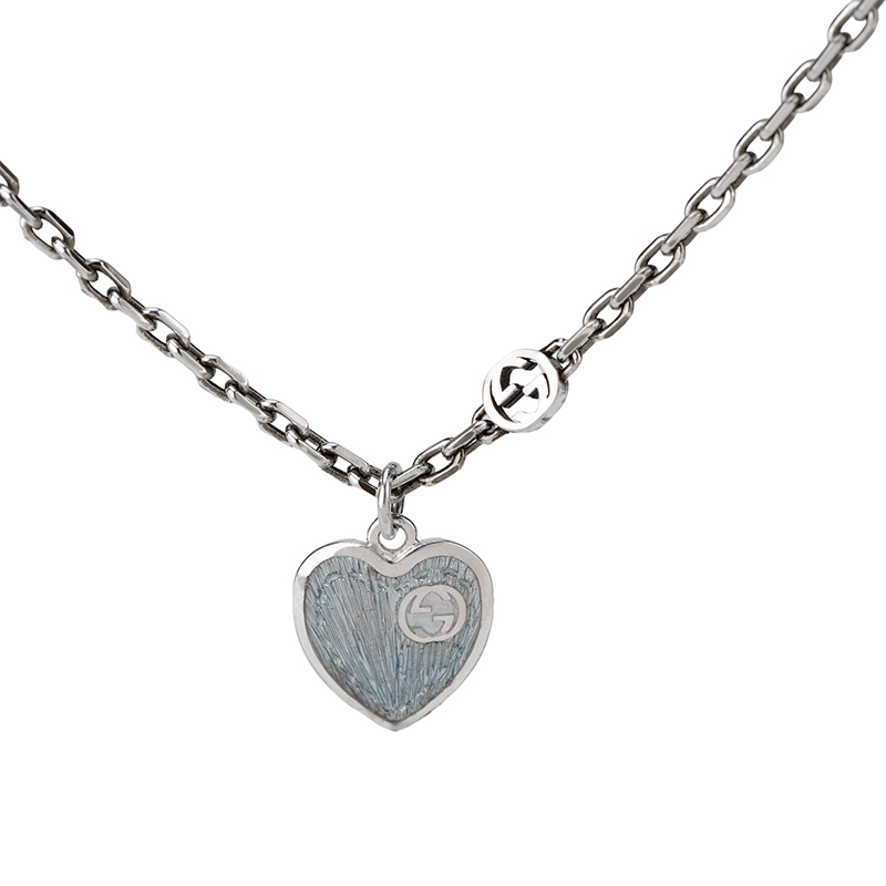 (Women) GUCCI Interlocking G Enamel Heart Necklace 925 Sterling Silver Blue 645545-J89B4-8490