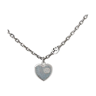 (Women) GUCCI Interlocking G Enamel Heart Necklace 925 Sterling Silver Blue 645545-J89B4-8490