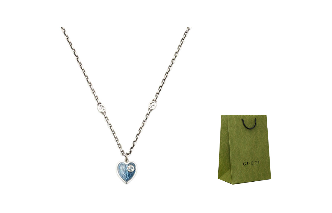 (Women) GUCCI Interlocking G Enamel Heart Necklace 925 Sterling Silver Blue 645545-J89B4-8490 圖 5