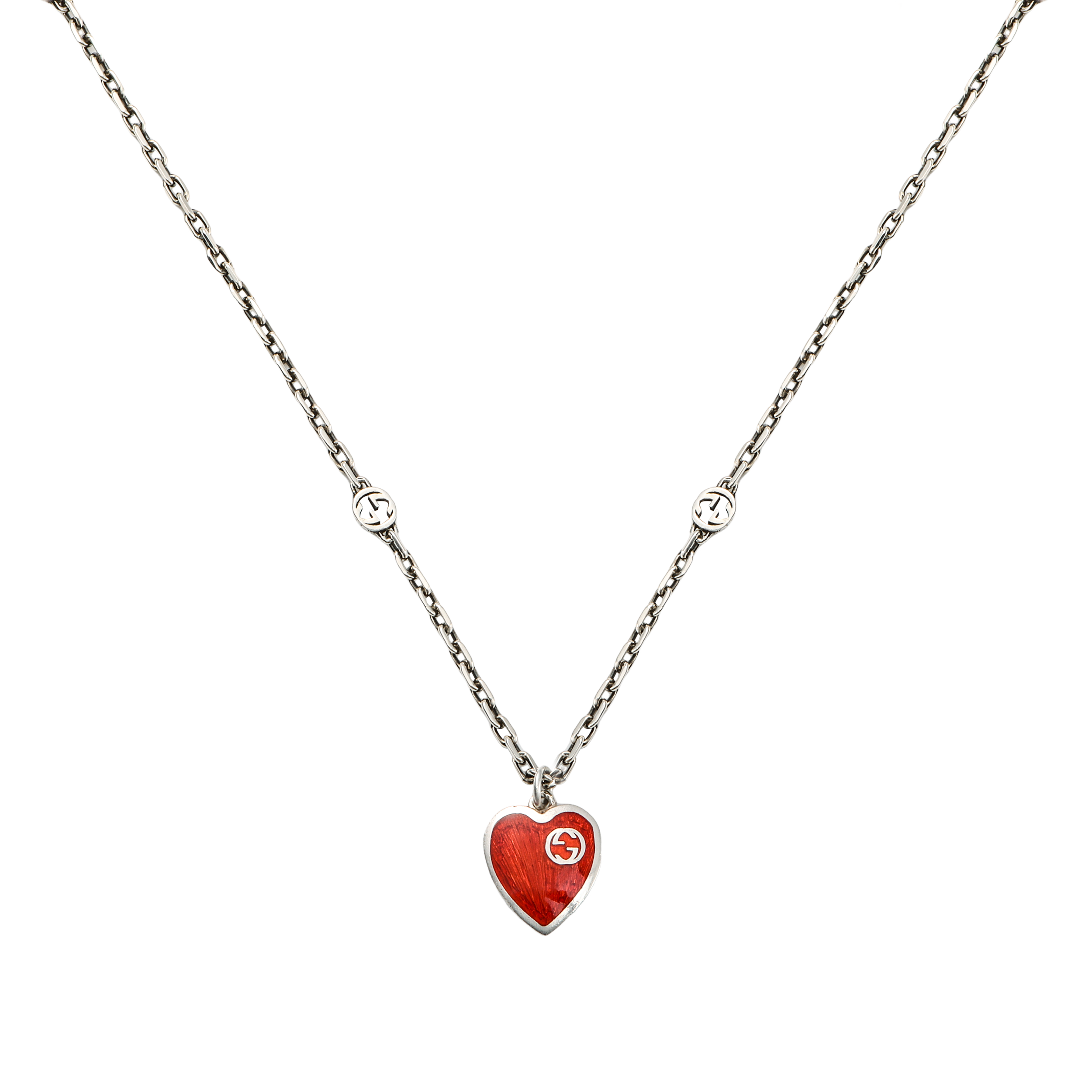 (Women) GUCCI Interlocking G Enamel Heart Sterling Silver Necklace () 645545-J89B4-1192