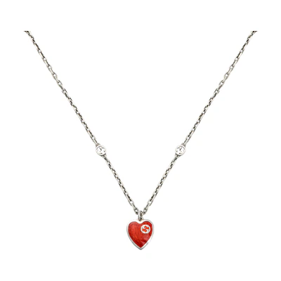 (Women) GUCCI Interlocking G Enamel Heart Sterling Silver Necklace () 645545-J89B4-1192