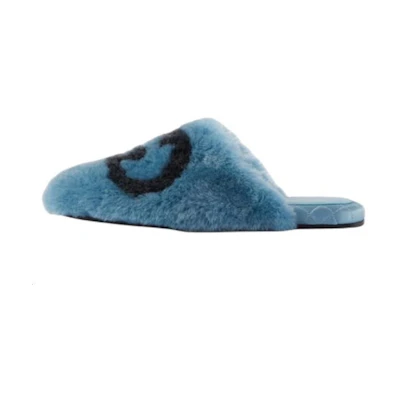 (W) Gucci Interlocking G Faux-Fur Slippers Blue Black