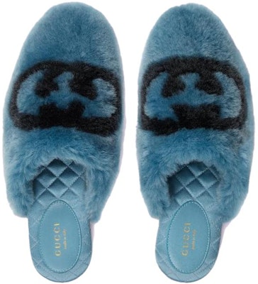 (Women) Gucci Interlocking G Faux-Fur Slippers Blue Black 719847-AAAUL-8439 Purchase (Women) Gucci Interlocking G Faux-Fur Slippers Blue Black 719847-AAAUL-8439