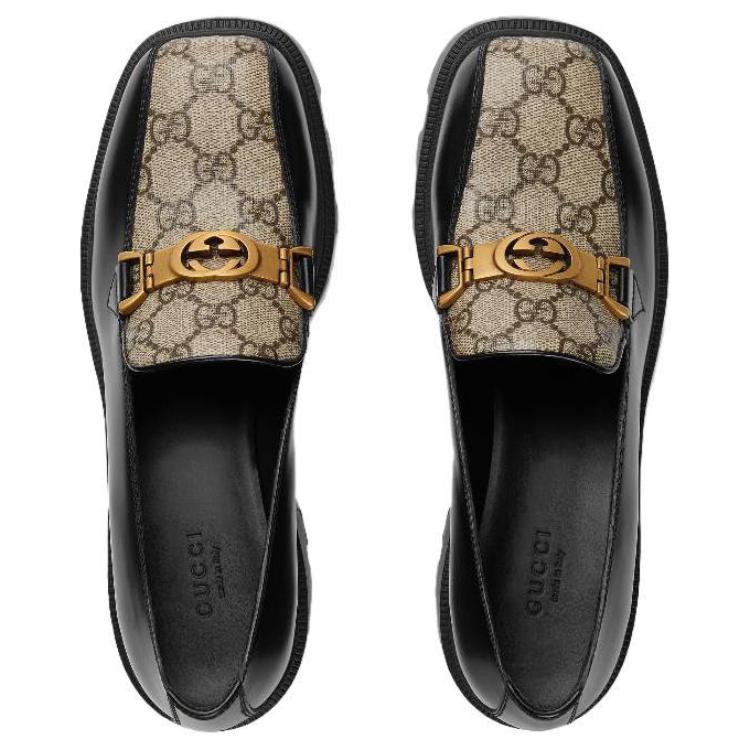 Shop GUCCI古馳 雙G系列 皮革 互扣式 厚底樂福鞋 女款 黑色