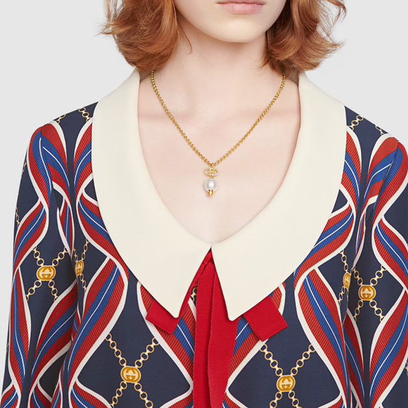 (Women) GUCCI Interlocking G Pearl Necklace Metallic Fashion Jewelry 582806J1D518516 圖 4