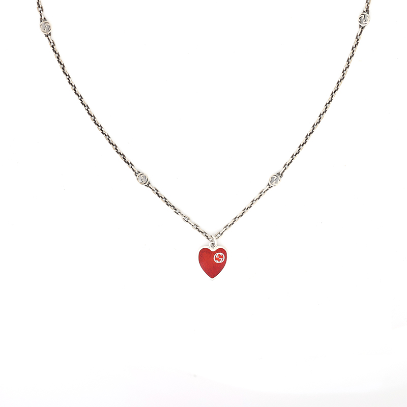 (Women) GUCCI Interlocking Heart 925 Silver Necklace for Women - Red YBB645545001
