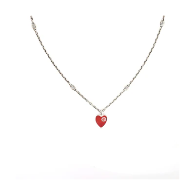 (Women) GUCCI Interlocking Heart 925 Silver Necklace for Women - Red YBB645545001