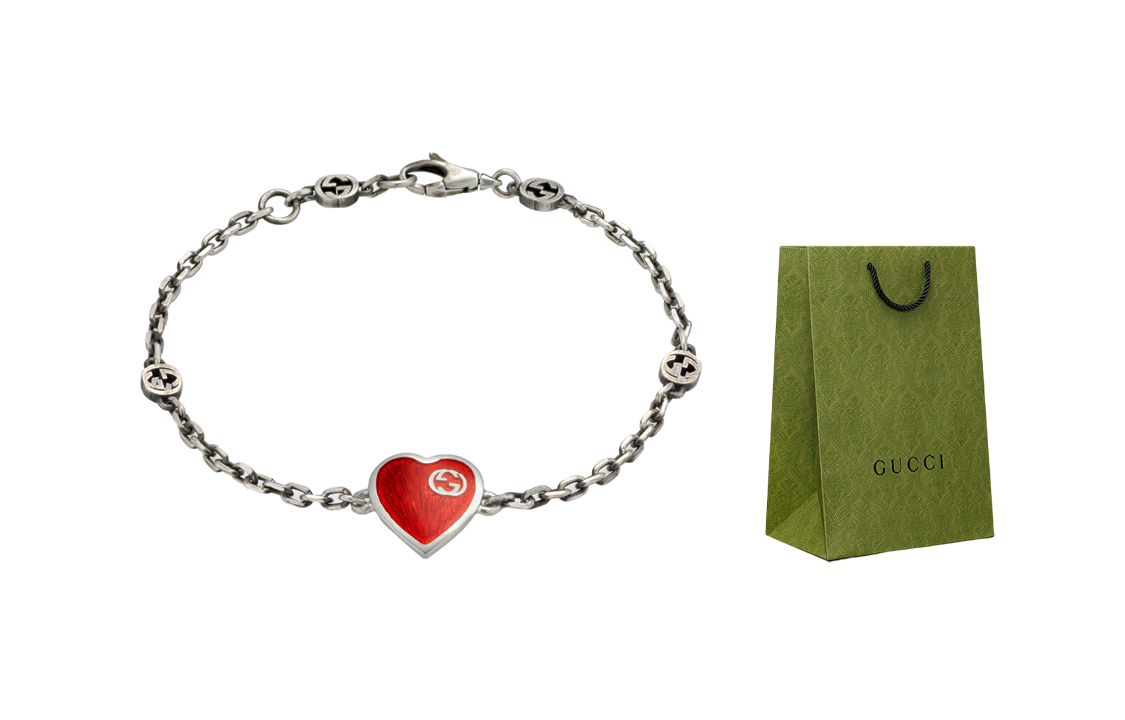 (Women) GUCCI Interlocking Heart Double G Silver Bracelet 925 Sterling for Women. 645546-J89B4-1192