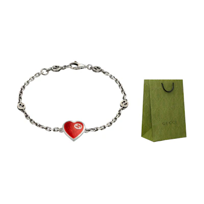 (Women) GUCCI Interlocking Heart Double G Silver Bracelet 925 Sterling for Women. 645546-J89B4-1192
