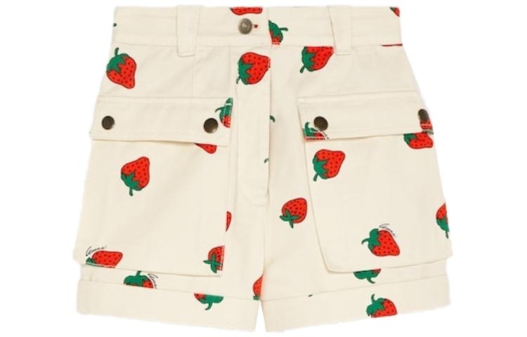 (Women) Gucci Ivory Strawberry Print Cotton Twill Shorts FW23 753327-XDCNK-9118