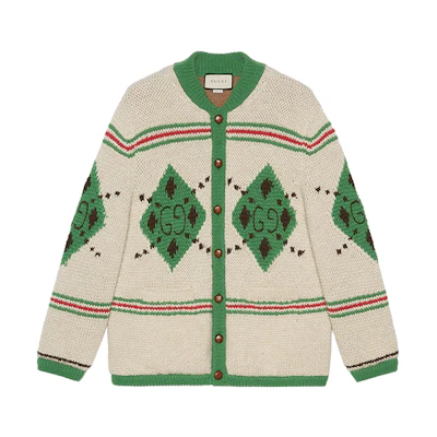 (Women) Gucci Ivory Wool Jacquard Alpaca Cardigan Sweater 642798-XKBO7-9275
