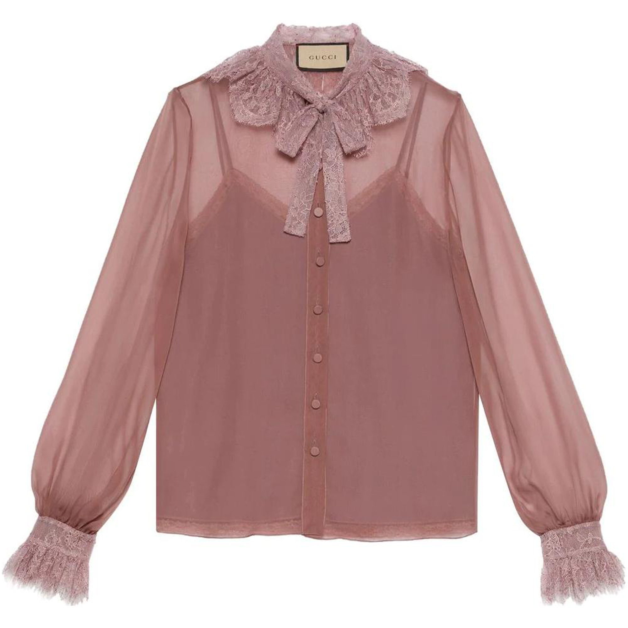 (Women) Gucci Lace Patchwork Long Sleeve Sun Protection Shirt - Dusty Pink 721426-ZAK9C-5748