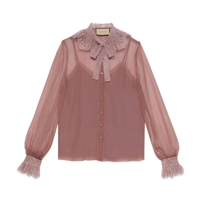 (Women) Gucci Lace Patchwork Long Sleeve Sun Protection Shirt - Dusty Pink 721426-ZAK9C-5748