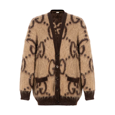 (Women) Gucci Ladies' Brown Reversible Logo Jacquard Button-Up Knit Sweater 635160-XKBK2-2254