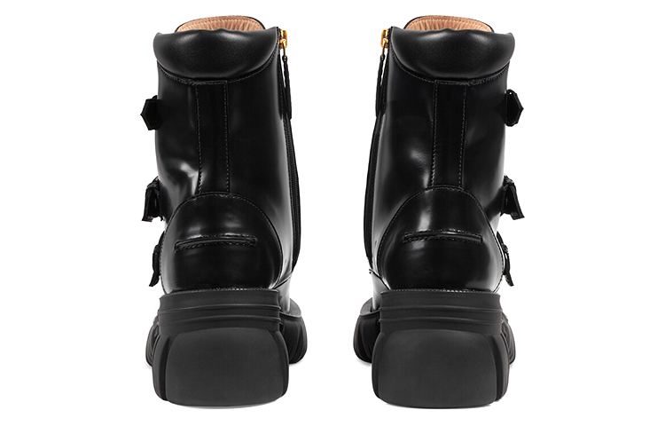 Shop GUCCI 古馳 皮革搭扣短靴 女款 黑