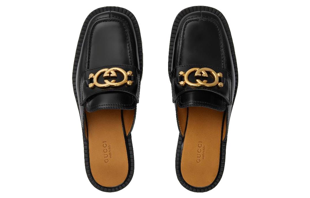 Shop (W) グッチ レザー 黒スライド 「ゴールド ダブルG」 699997-10R00-1000