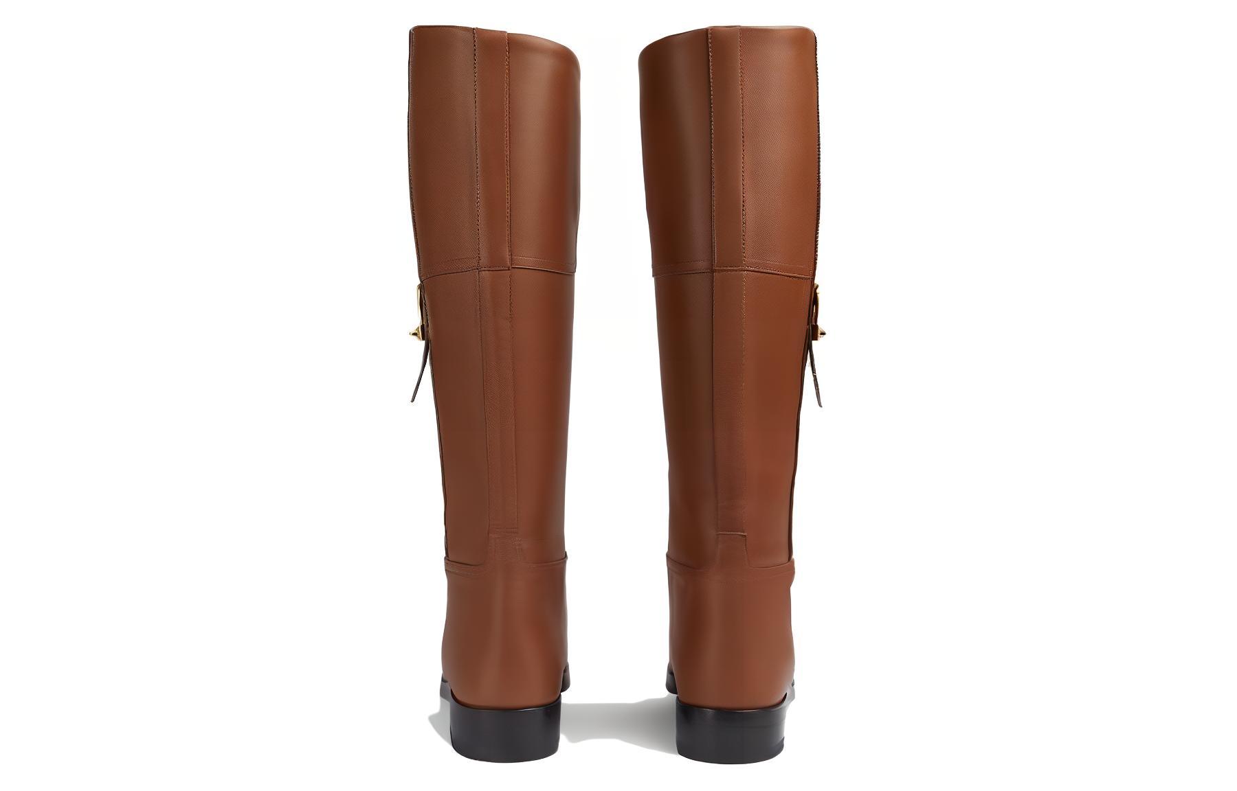 Shop GUCCI古馳 皮革 圓頭拉鍊粗跟 高筒靴 女款 棕色