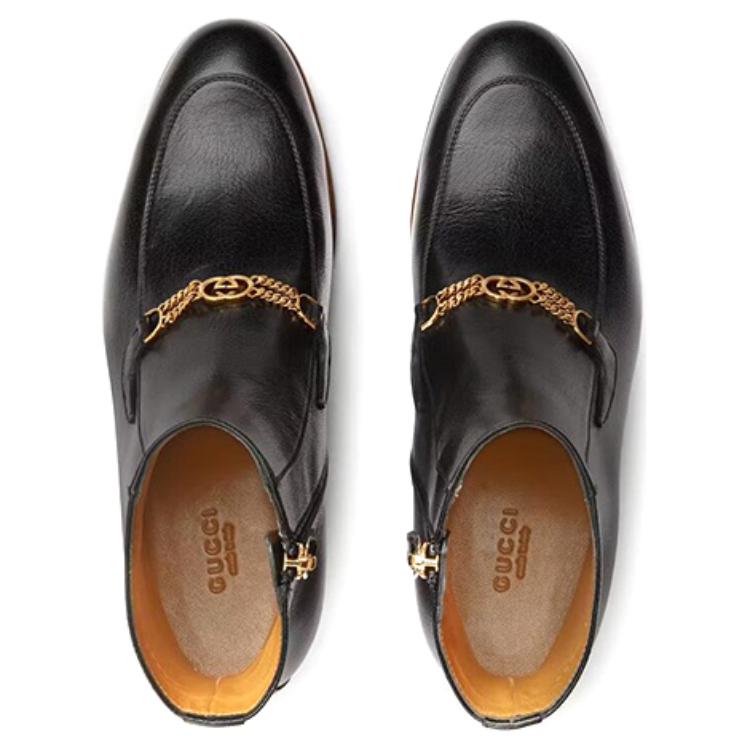Shop (W) Sepatu Boots Kulit Gucci Rantai G Terkait 'Hitam' 648697-D3V00-1000
