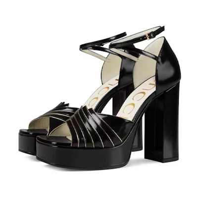(W) Gucci Leather Buckle Block Heel Slide 'Black'