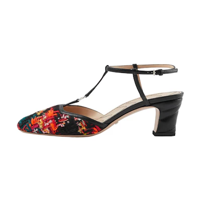 (W) Gucci Leather Buckle Block Heels 'Red Black'