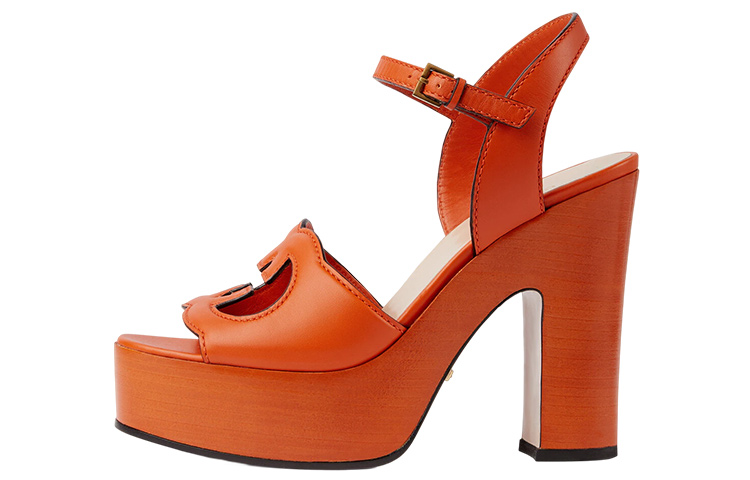 (Women) Gucci Leather Buckle Chunky Heel Peep Toe Slides 'Orange Fashion' 730022-US000-7519