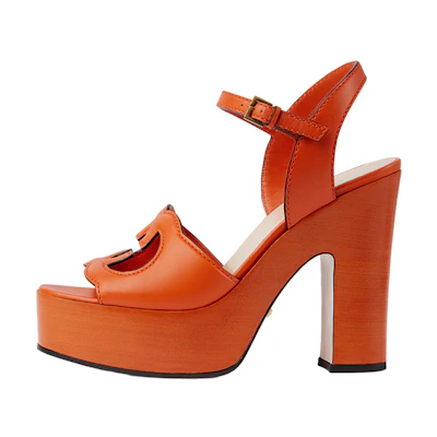 (W) Gucci Leather Buckle Chunky Heel Peep Toe Slides 'Orange Fashion'