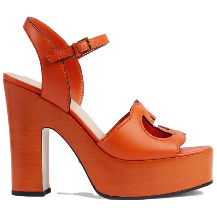 Order (Women) Gucci Leather Buckle Chunky Heel Peep Toe Slides 'Orange Fashion' 730022-US000-7519