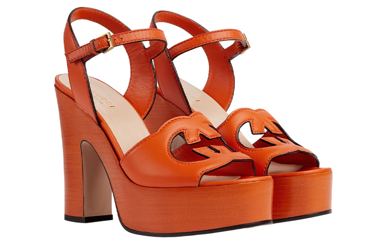 Lookbook (Women) Gucci Leather Buckle Chunky Heel Peep Toe Slides 'Orange Fashion' 730022-US000-7519