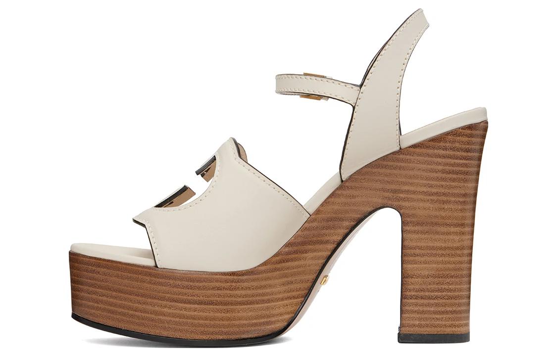 (Women) Gucci Leather Double G Cutout White 'Chunky Heel Fashion Sandals' 730022-US000-9022
