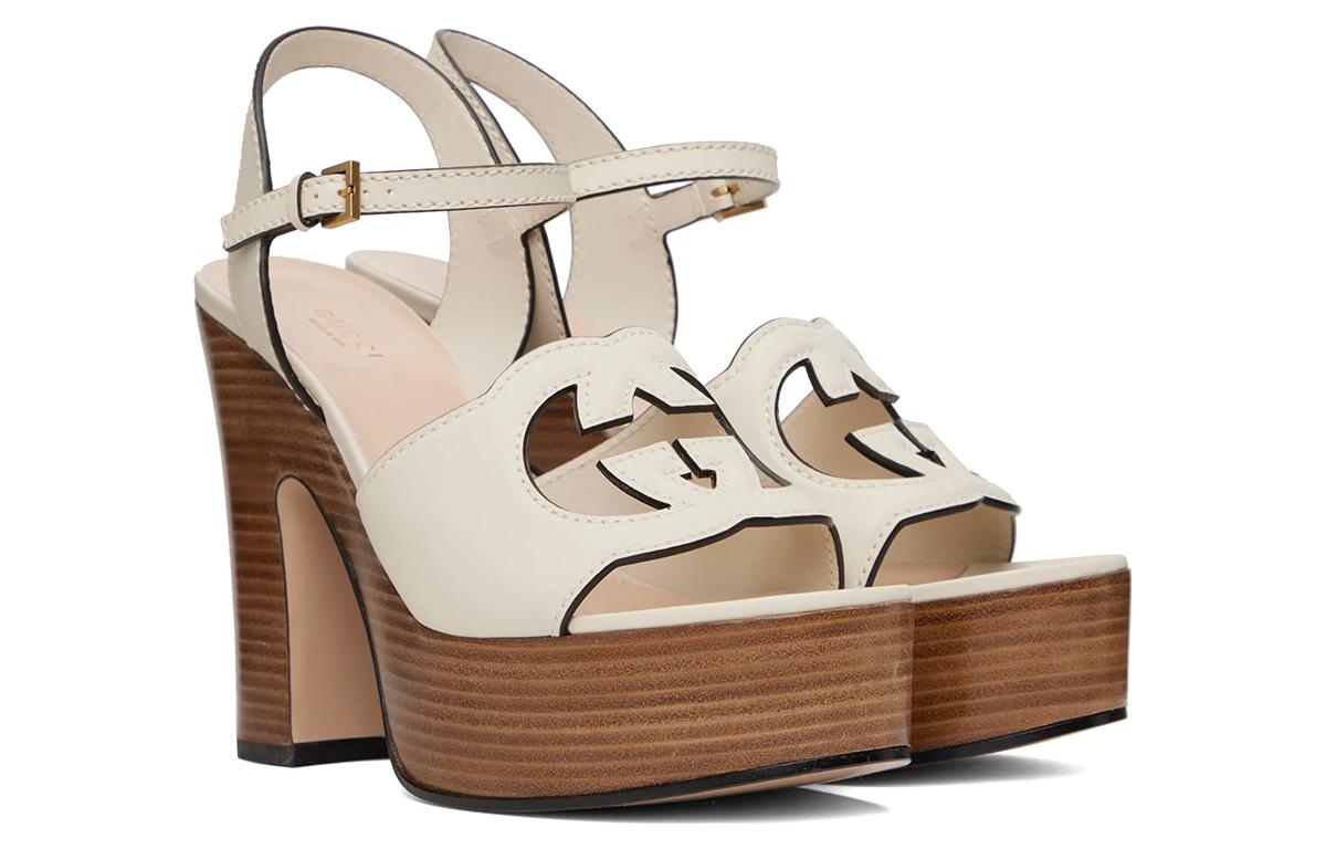 Shop (W) Sandal Tumit Chunky Fesyen Kulit Gucci Double G Cutout Putih 730022-US000-9022