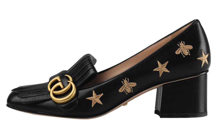 (Women) Gucci Leather Embroidered Slip-On High Heels 'Black' 551548-D3V00-1000
