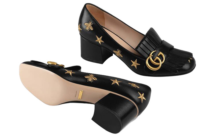 Lookbook (W) Talons Hauts Slip-On en Cuir Noir Gucci avec Broderie 551548-D3V00-1000