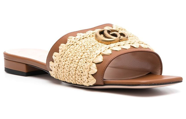 Order GUCCI古馳 皮革 拉菲草平底 時尚涼拖 女款 棕色