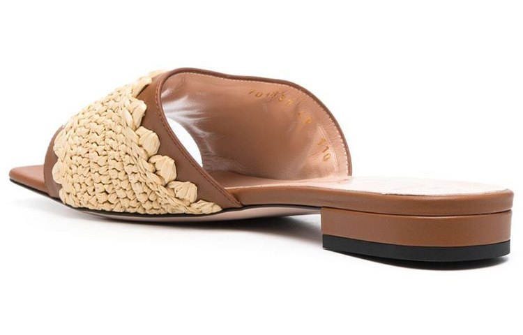 Shop GUCCI古馳 皮革 拉菲草平底 時尚涼拖 女款 棕色