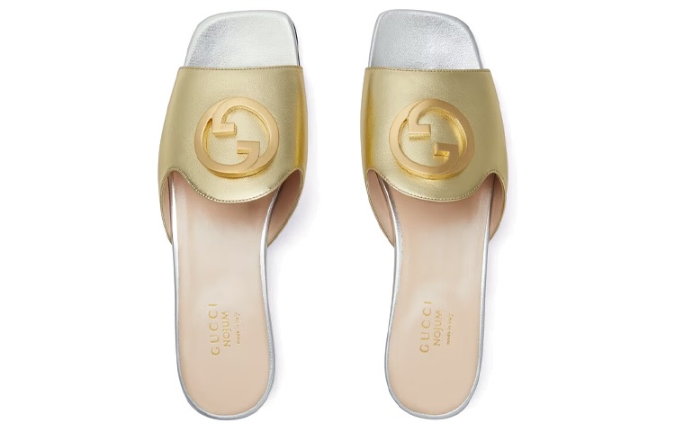 Lookbook (W) Gucci Leren Platte Mule ''Gouden Fashion Slide'' 730996-B8B00-8053