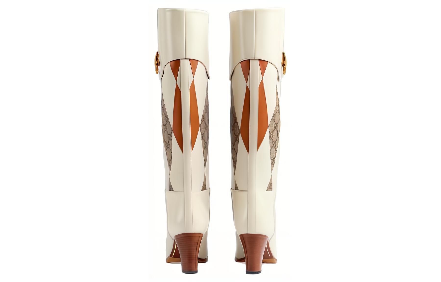 Lookbook (W) グッチ レザー ラウンドトゥ ハイヒールブーツ (ホワイト) 718566-AAA4A-9049