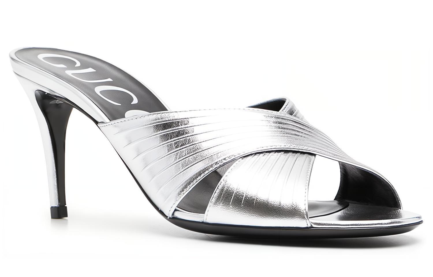 Order (W) Gucci High-Heel Slide Kulit Silver Toe Bulat Fashion 645387-B8B00-8106