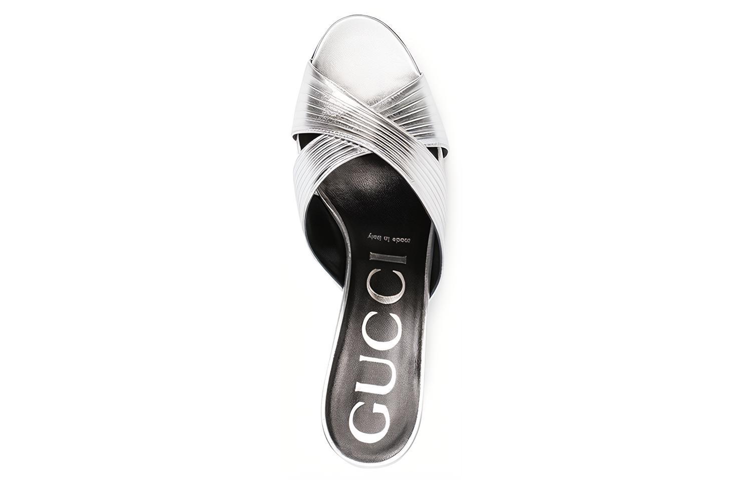 Lookbook (W) Gucci High-Heel Slide Kulit Silver Toe Bulat Fashion 645387-B8B00-8106