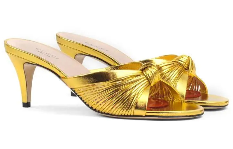 Order (W) Gucci Sandal Hak Tinggi Kulit 'Emas Metalik' 577229-B8B00-8016