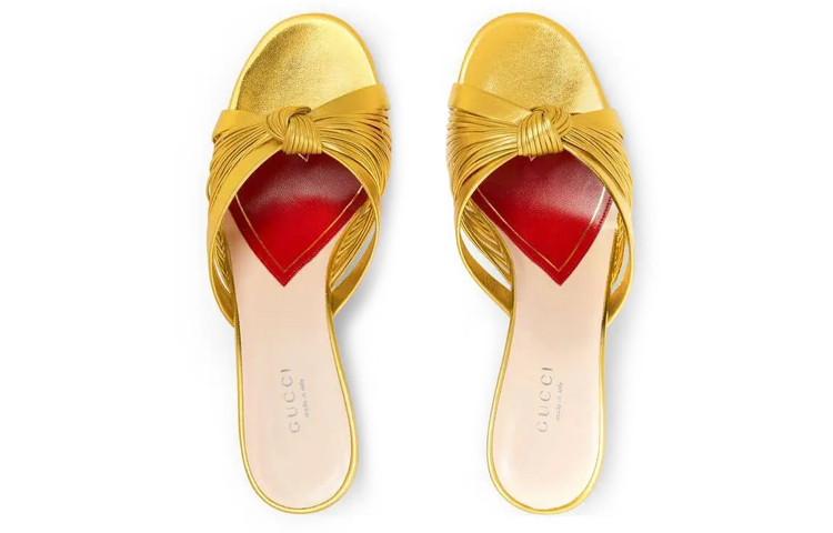 Lookbook GUCCI古馳 皮革 金屬質感套腳高跟 時尚涼拖 6.5cm 女款 金色